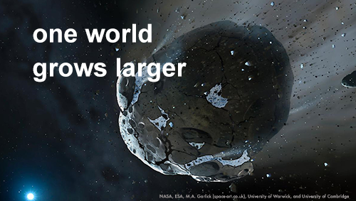 One World Grows Larger (asteroid hurtling through space with distant sun in background)